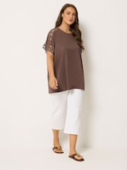 Yours Curve Light Brown Boxy Crochet T-Shirt - Image 3 of 5