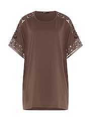 Yours Curve Light Brown Boxy Crochet T-Shirt - Image 5 of 5