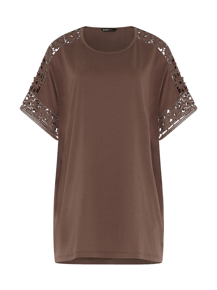 Yours Curve Light Brown Boxy Crochet T-Shirt - Image 5 of 5