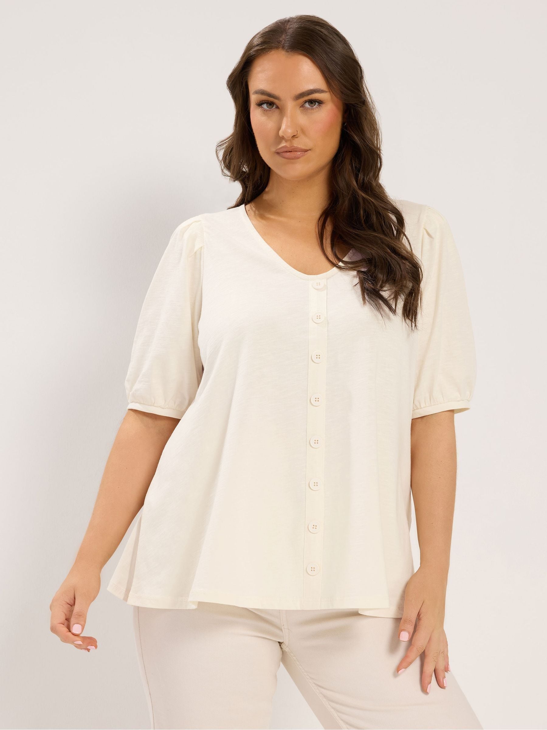 Yours Curve Women's Cream Button Up Puff Sleeve V-Neck Top