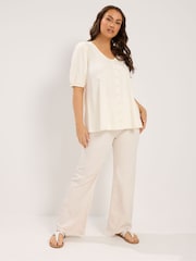 Yours Curve Cream Button Up Puff Sleeve V-Neck Top - Image 2 of 5
