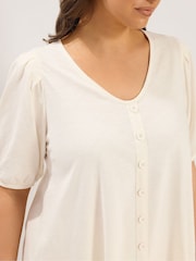Yours Curve Cream Button Up Puff Sleeve V-Neck Top - Image 4 of 5