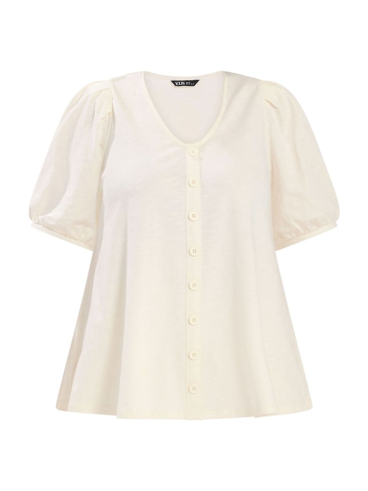 Yours Curve Cream Button Up Puff Sleeve V-Neck Top - Image 5 of 5