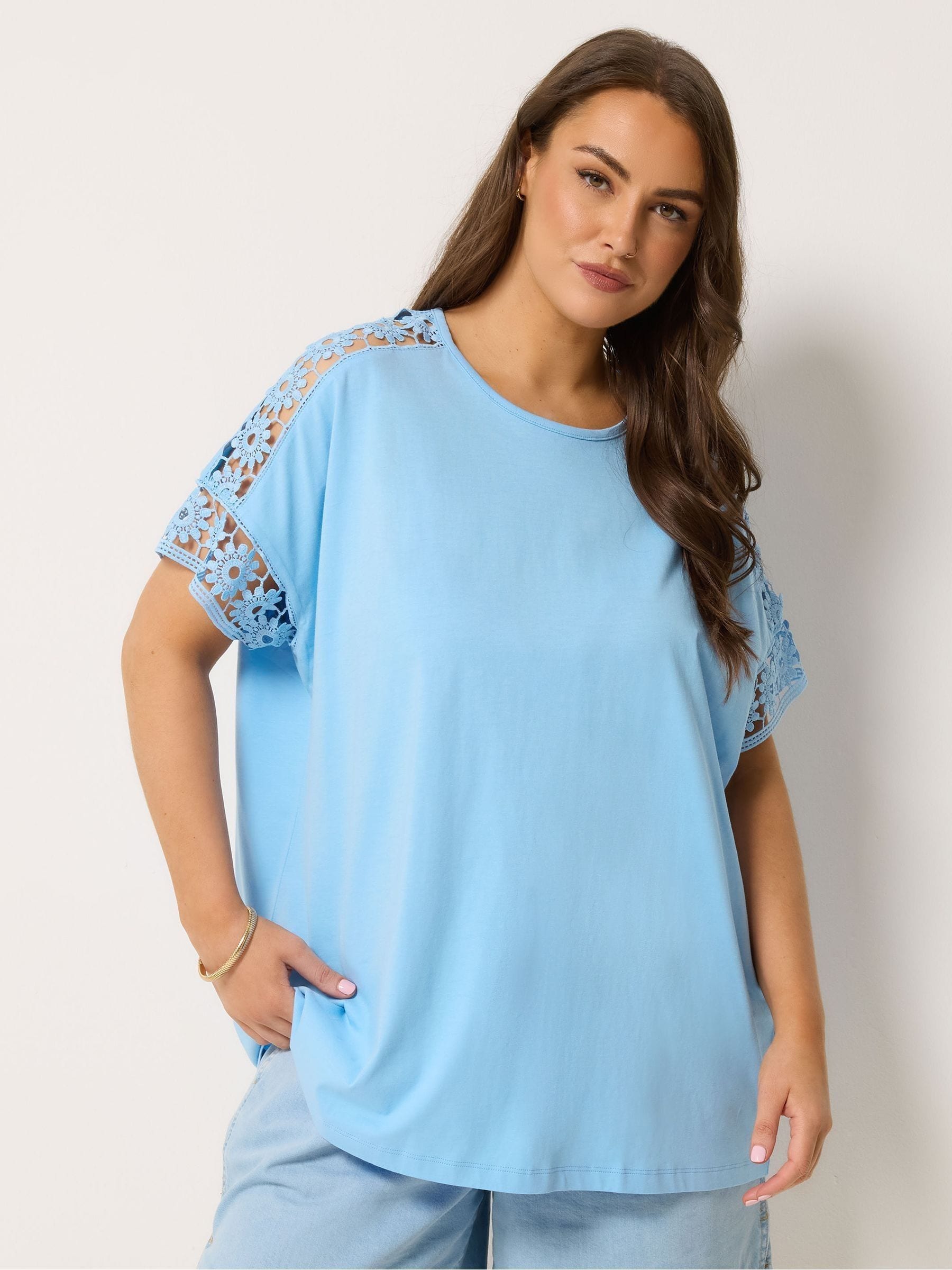 Yours Curve Women's Blue Boxy Crochet T-Shirt