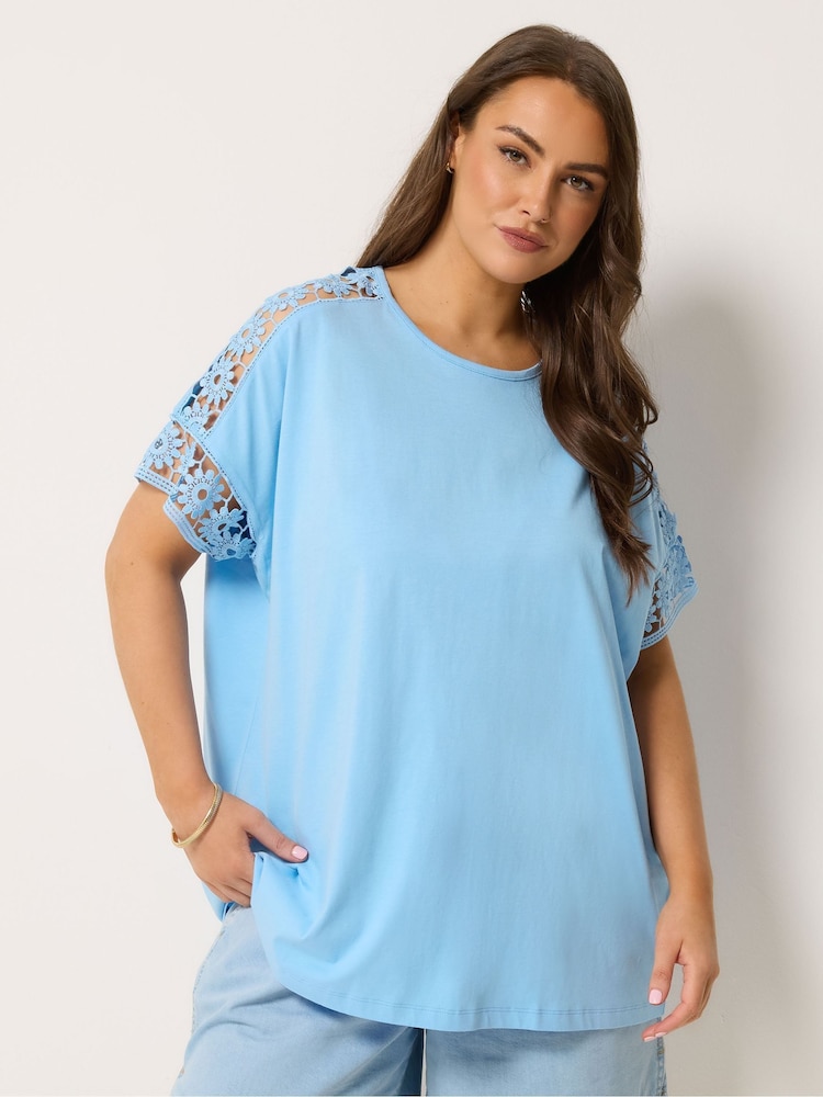 Yours Curve Blue Boxy Crochet T-Shirt - Image 1 of 4