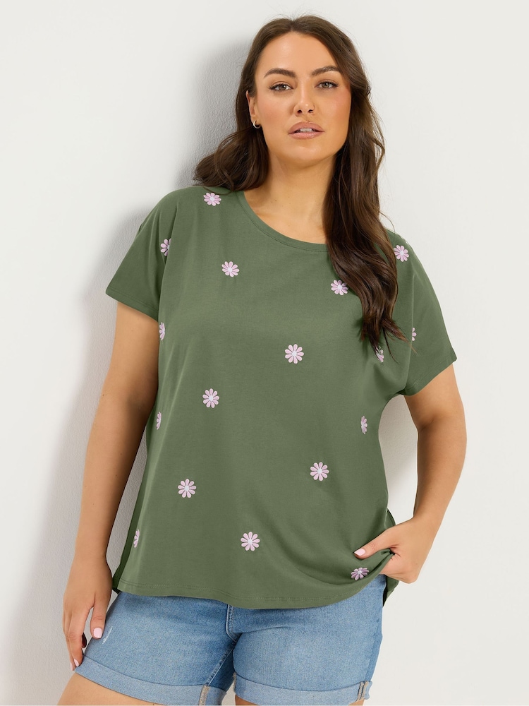 Yours Curve Green Daisy Embroidered Top - Image 1 of 5 Yours Curve Green Daisy Embroidered Top - Image 1 of 5