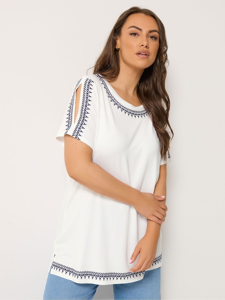 Yours Curve White Embroidered Detail T-Shirt - Image 1 of 5