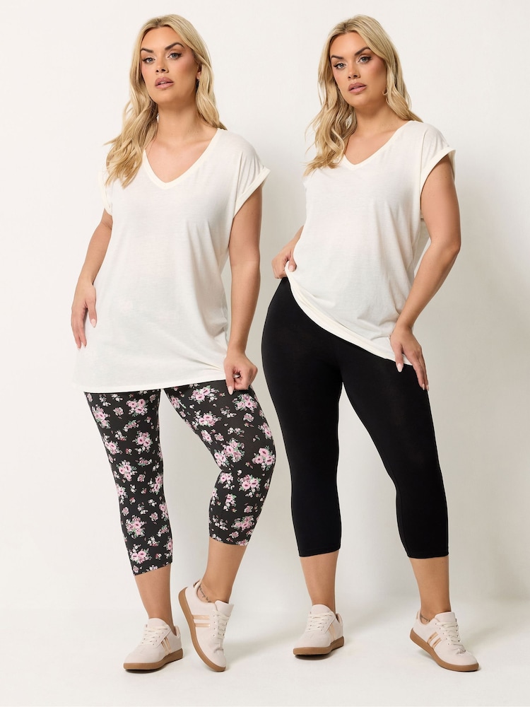Yours Curve Black Floral Print Cropped Leggings 2 Pack - Image 1 of 8