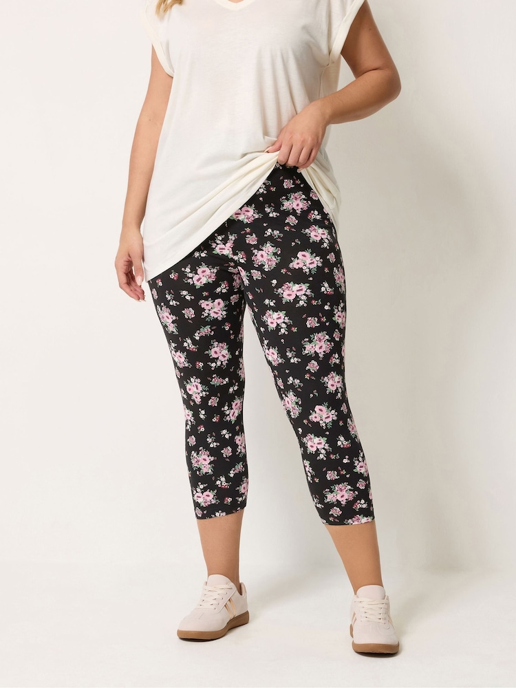 Yours Curve Black Floral Print Cropped Leggings 2 Pack - Image 2 of 8