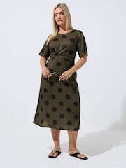 Yours Curve Brown Limited Polka Dot Bust Knot Dress - Image 1 of 5
