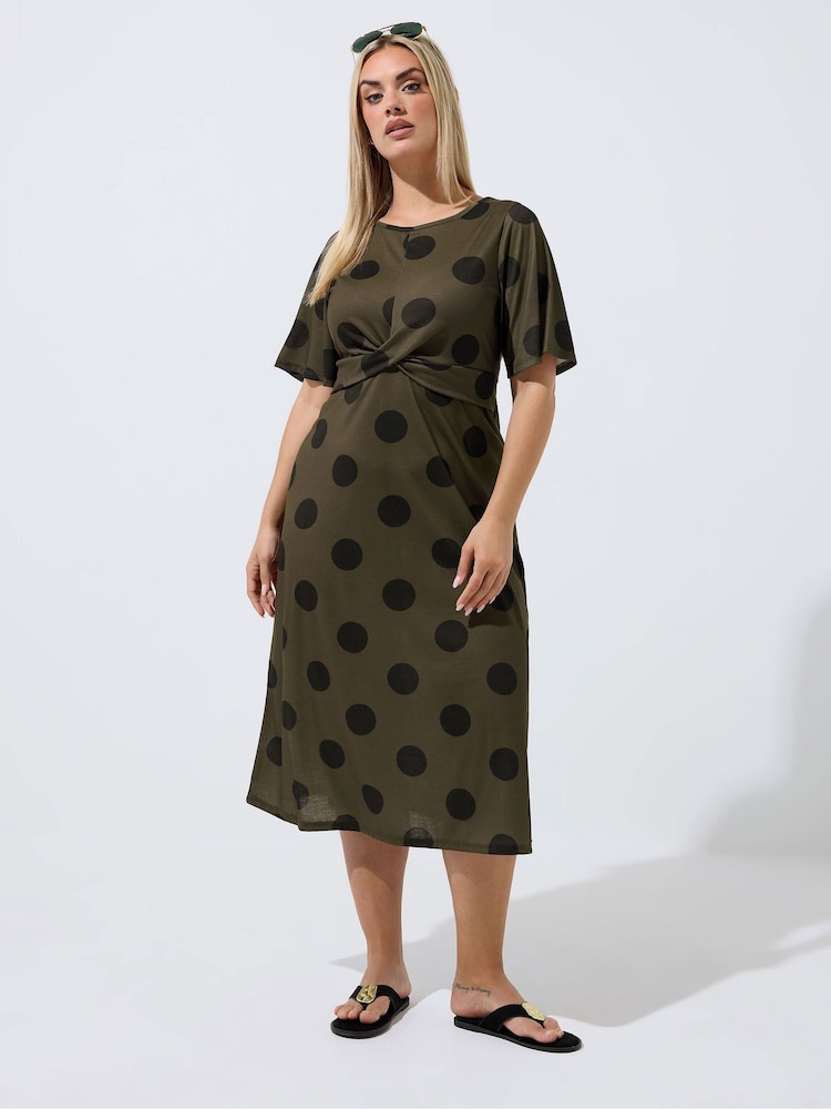 Yours Curve Brown Limited Polka Dot Bust Knot Dress - Image 2 of 5 Yours Curve Brown Limited Polka Dot Bust Knot Dress - Image 2 of 5