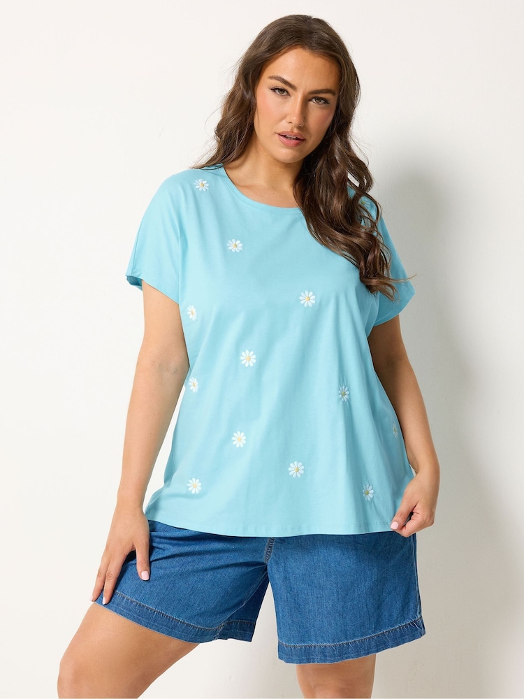 Yours Curve Blue Daisy Embroidered Top - Image 1 of 5 Yours Curve Blue Daisy Embroidered Top - Image 1 of 5