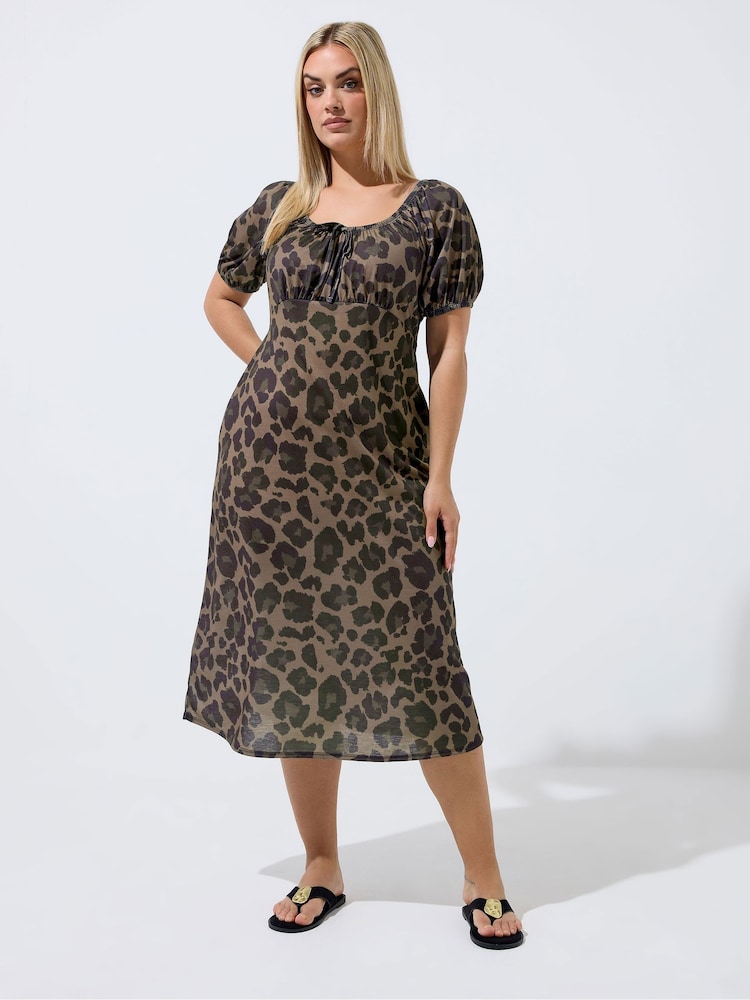 Yours Curve Brown Limited Leopard Square Neck Tie Dress - Image 1 of 5