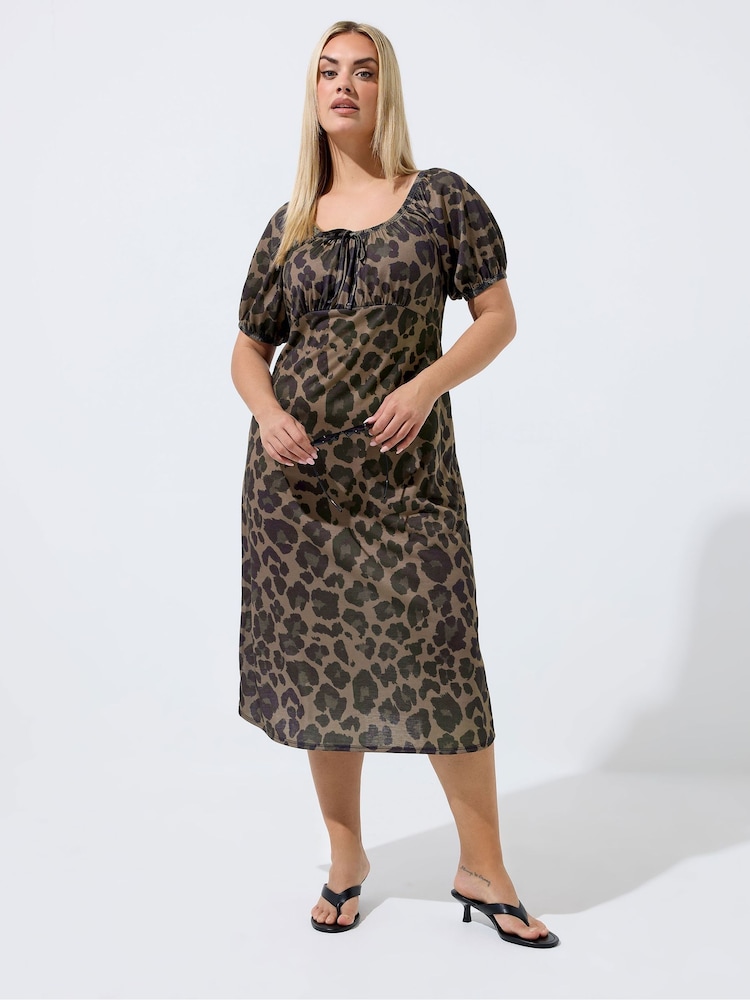 Yours Curve Brown Limited Leopard Square Neck Tie Dress - Image 2 of 5