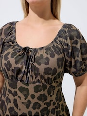 Yours Curve Brown Limited Leopard Square Neck Tie Dress - Image 4 of 5