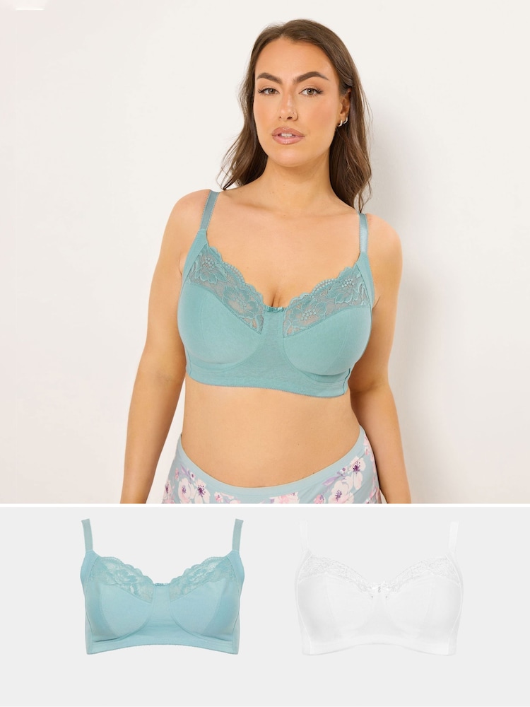 Yours Curve Blue Cotton Lace Trim Non Padded Non Wired Bralette 2 Pack - Image 1 of 9