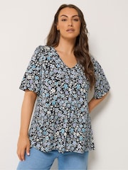 Yours Curve Black Ditsy Pleated Swing Top - Image 1 of 5