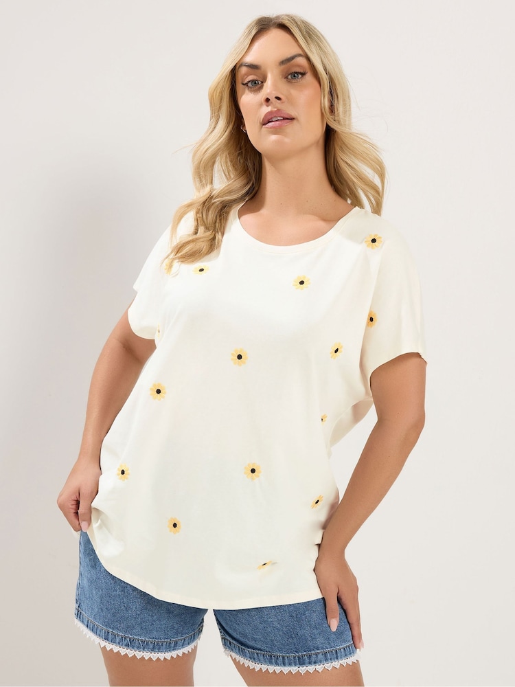 Yours Curve Cream Daisy Embroidered Top - Image 1 of 5 Yours Curve Cream Daisy Embroidered Top - Image 1 of 5