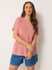 Yours Curve Pink Linen Look Grown On Sleeve T-Shirt - Image 1 of 5