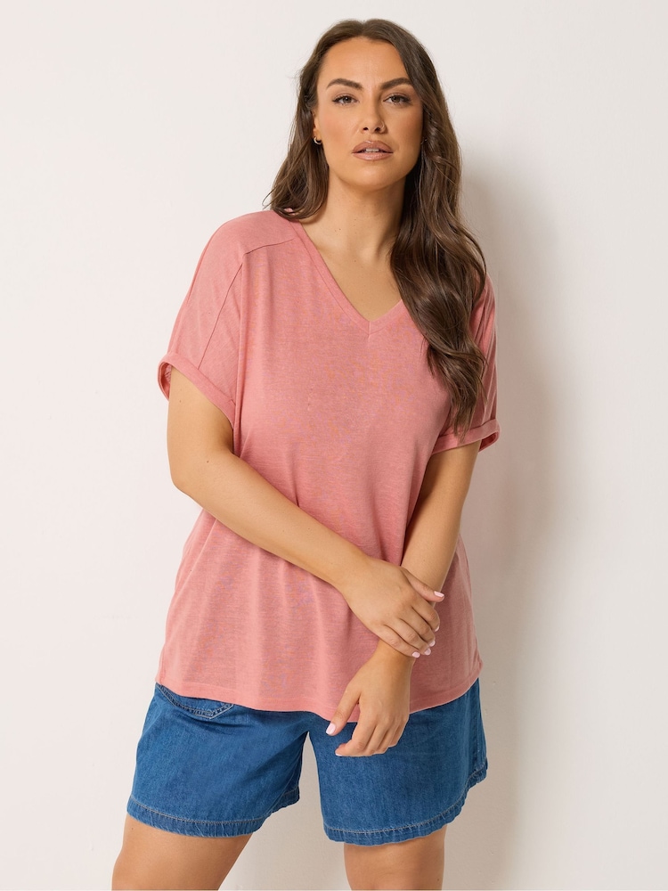 Yours Curve Pink Linen Look Grown On Sleeve T-Shirt - Image 1 of 5