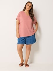 Yours Curve Pink Linen Look Grown On Sleeve T-Shirt - Image 2 of 5