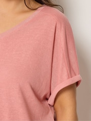 Yours Curve Pink Linen Look Grown On Sleeve T-Shirt - Image 4 of 5