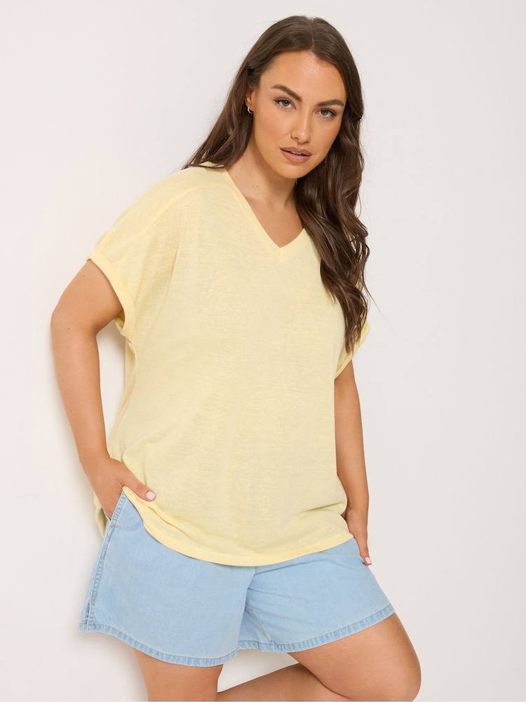 Yours Curve Yellow Linen Look Grown On Sleeve T-Shirt - Image 1 of 5