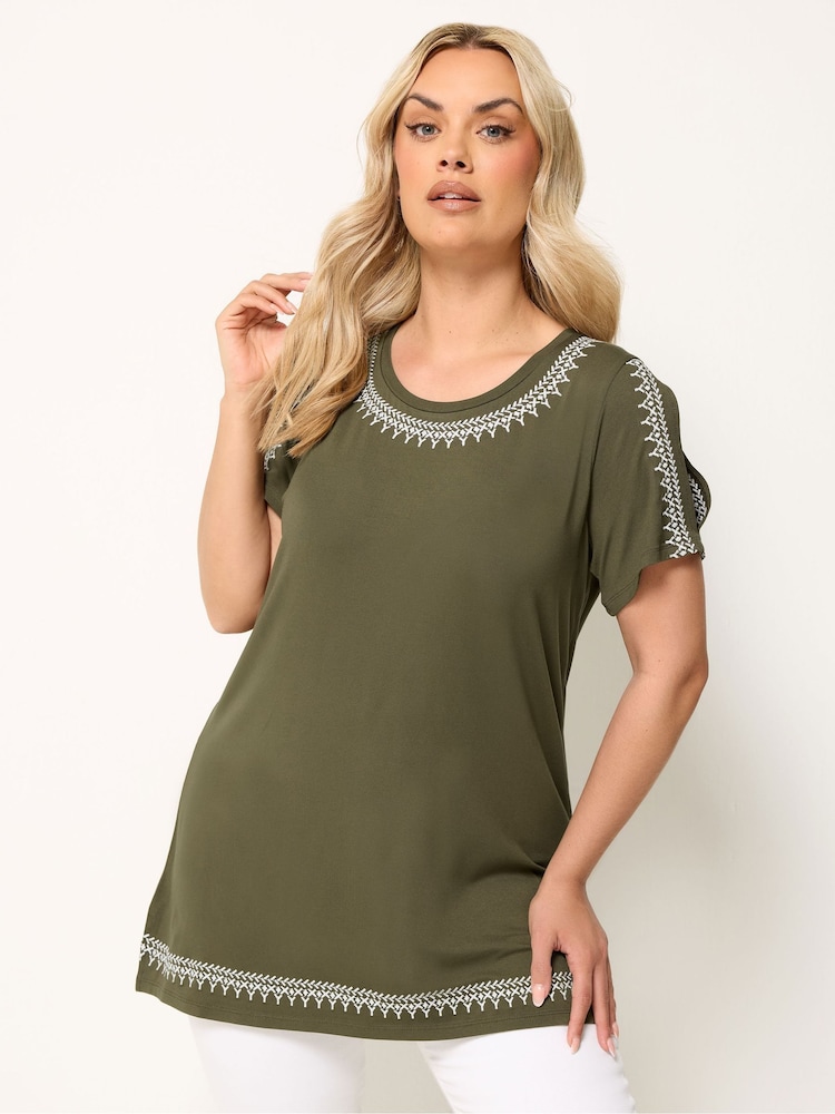 Yours Curve Green Embroidered Cold Shoulder Top - Image 1 of 5 Yours Curve Green Embroidered Cold Shoulder Top - Image 1 of 5
