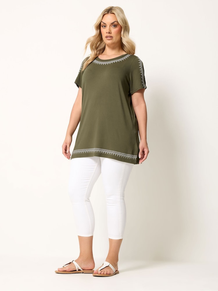 Yours Curve Green Embroidered Cold Shoulder Top - Image 2 of 5 Yours Curve Green Embroidered Cold Shoulder Top - Image 2 of 5
