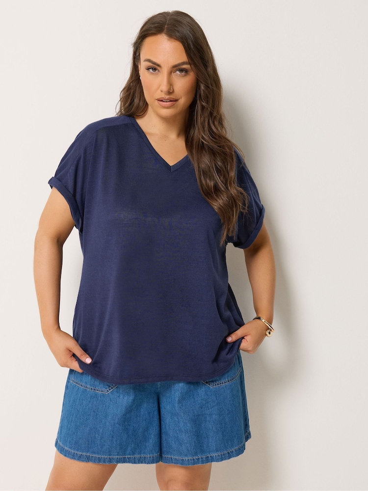Yours Curve Blue Linen Look Grown On Sleeve T-Shirt - Image 1 of 5