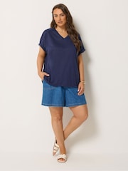 Yours Curve Blue Linen Look Grown On Sleeve T-Shirt - Image 3 of 5