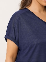 Yours Curve Blue Linen Look Grown On Sleeve T-Shirt - Image 4 of 5