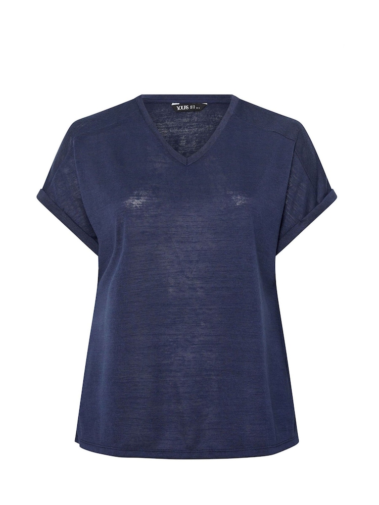 Yours Curve Blue Linen Look Grown On Sleeve T-Shirt - Image 5 of 5