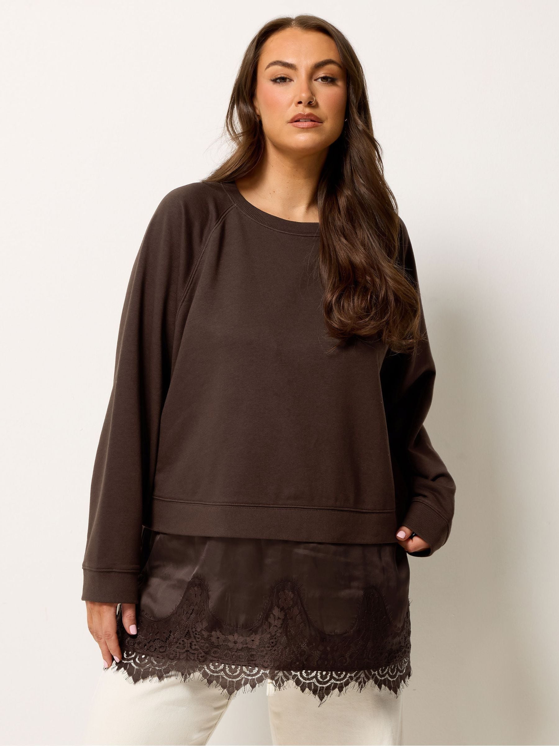 Yours Curve Women's Brown Lace Trim Sweatshirt