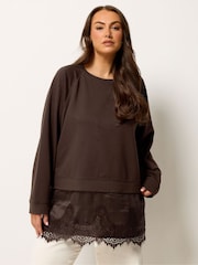 ブラウン - Yours Curve Lace Trim Sweatshirt - 画像 1 / 5