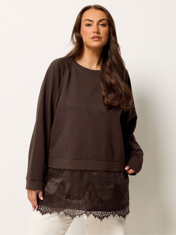 ブラウン - Yours Curve Lace Trim Sweatshirt - 画像 1 / 5