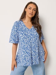 Yours Curve Blue Ditsy Pleated Swing Top - Image 1 of 5
