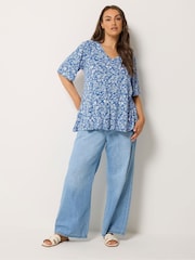 Yours Curve Blue Ditsy Pleated Swing Top - Image 2 of 5