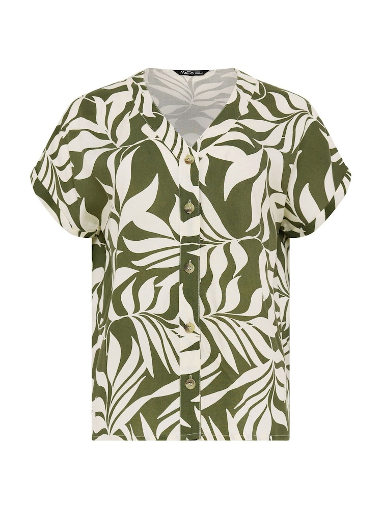 M&Co Green Leaf Print Short Sleeve Button Blouse - Image 5 of 5