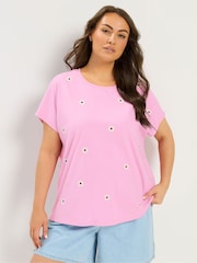 Yours Curve Pink Daisy Embroidered Top - Image 1 of 5