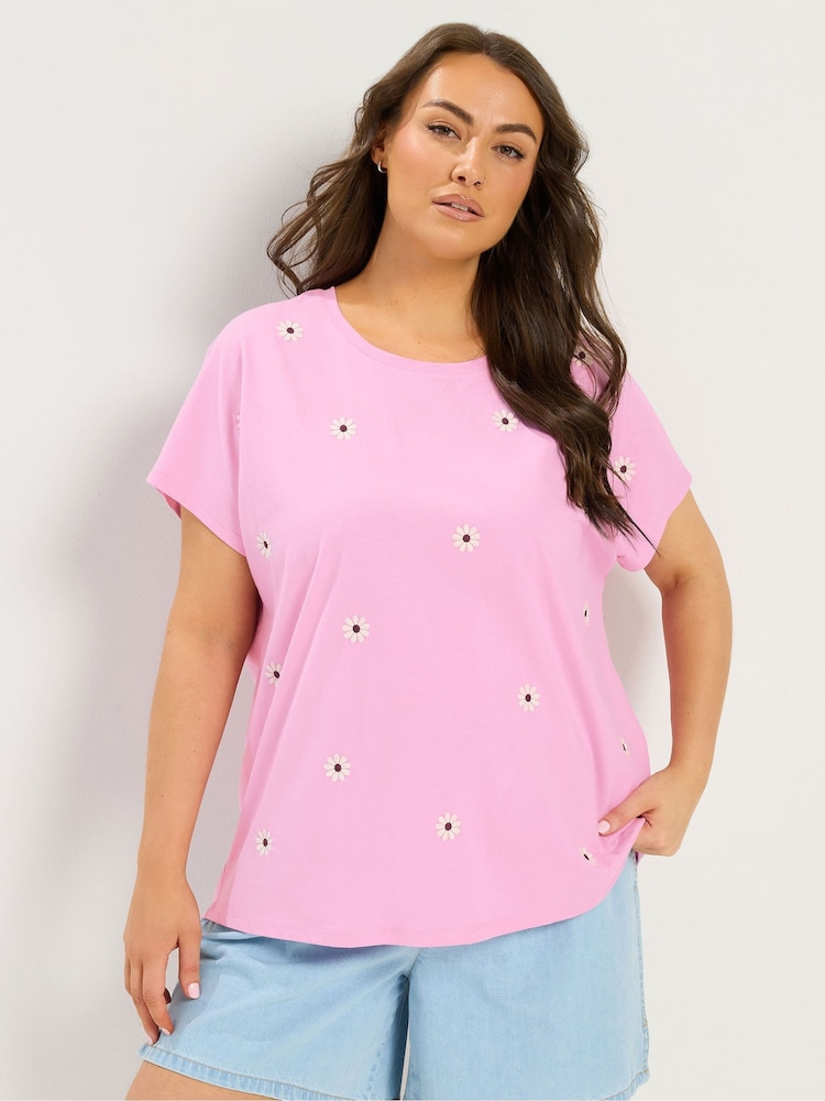 Yours Curve Pink Daisy Embroidered Top - Image 1 of 5 Yours Curve Pink Daisy Embroidered Top - Image 1 of 5