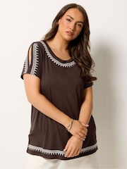 Yours Curve Brown Embroidered Detail T-Shirt - Image 1 of 5
