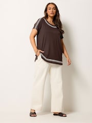 Yours Curve Brown Embroidered Detail T-Shirt - Image 2 of 5