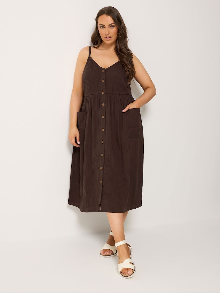 Yours Curve Brown Cheesecloth Pocket Sun Dress - Image 1 of 5 Yours Curve Brown Cheesecloth Pocket Sun Dress - Image 1 of 5