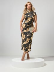 Yours Curve Chocolate Brown Abstract London Drape Dress - Image 2 of 5