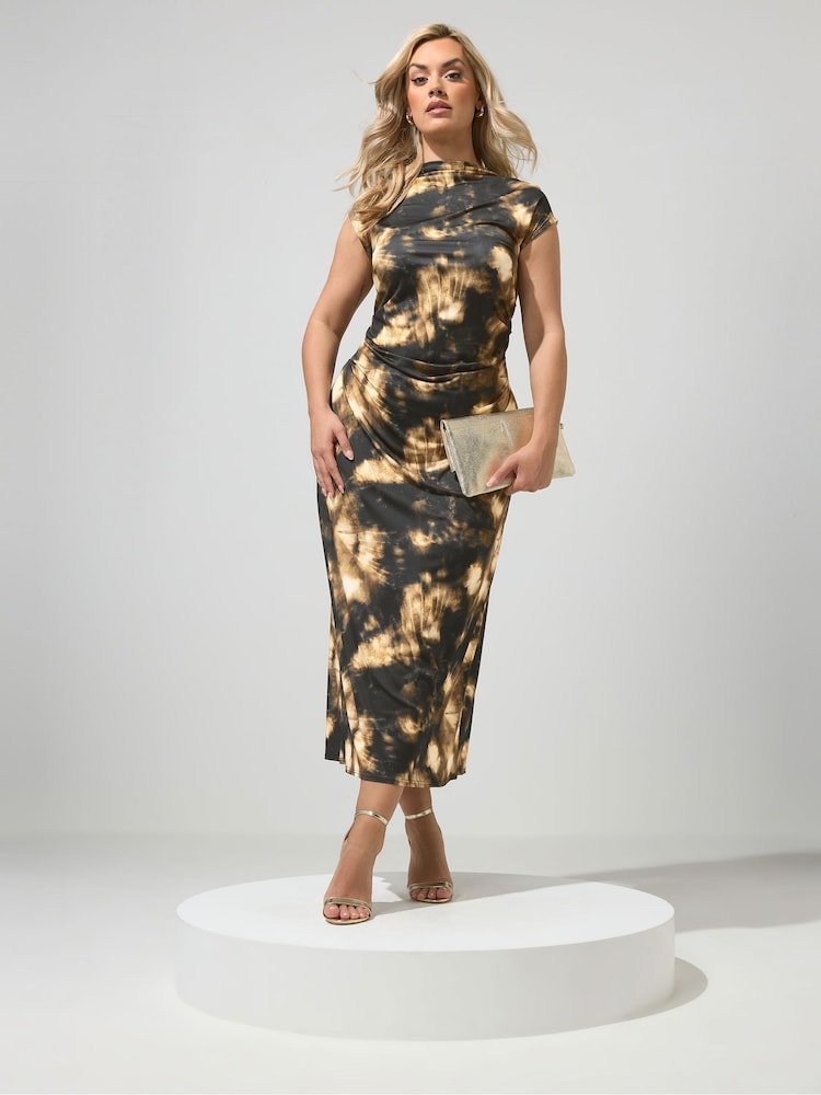 Yours Curve Chocolate Brown Abstract London Drape Dress - Image 2 of 5