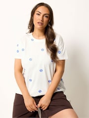 Yours Curve Cream Embroidered Daisy T-Shirt - Image 1 of 5