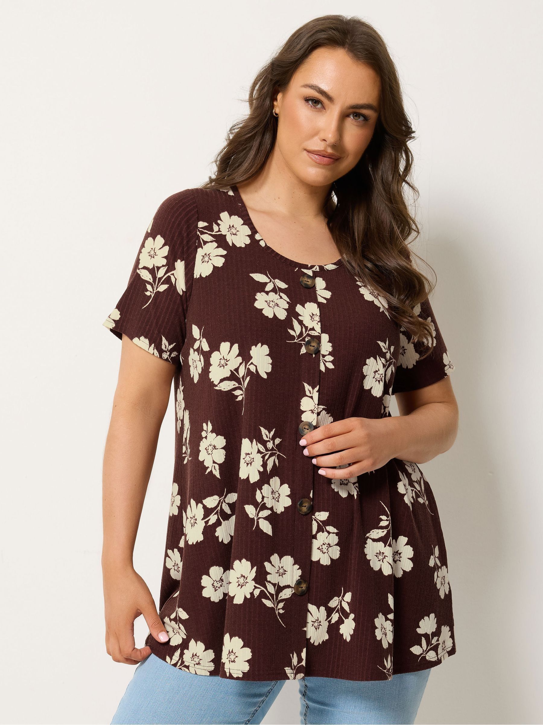 Yours Curve Women's Brown All Over Print Button Front Swing Top