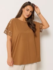 Yours Curve Orange Boxy Crochet T-Shirt - Image 3 of 5