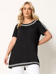 Yours Curve Black Embroidered Cold Shoulder Top - Image 1 of 5